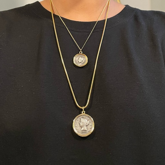 Vintage antique style gold silver plated coin pendant charm necklace snake chain - Picture 9 of 9